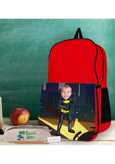 Bk Gift Kişiye Özel Süper Kahraman Tasarımlı Kırmızı Okul Çantası Ve Kalemlik Hediye Seti-4