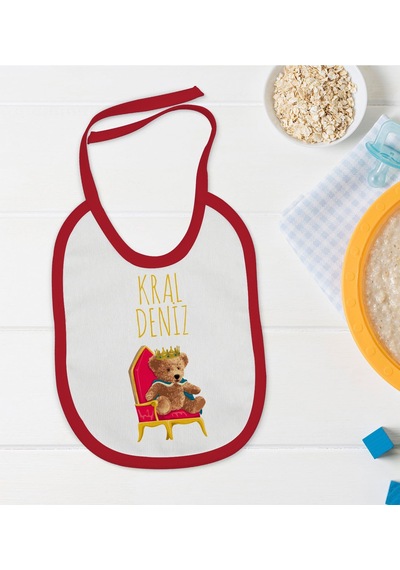 BK Kids Kişiye Özel Kral Tasarımlı Kırmızı Bebek Mama Önlüğü-1 Kırmızı