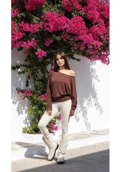 Kadın Kayık Yaka Bluz Sweat Kahverengi