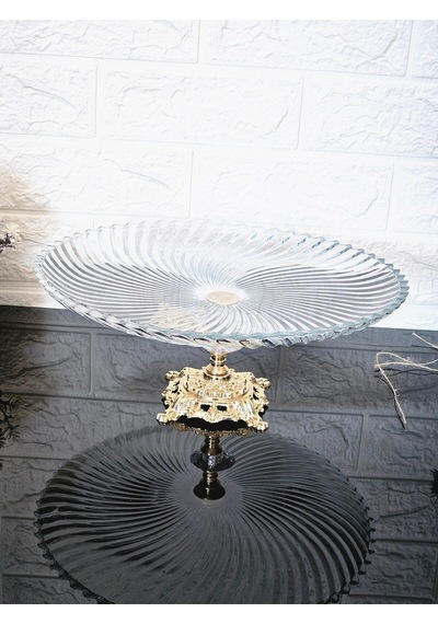 Büyük Boy 31 Cm Yuvarlak Sunumluk & Servis Tabağı Döküm Kare Gold Ayak Beyaz