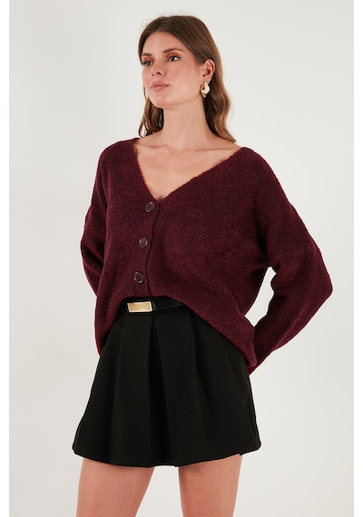 Lela Oversize Fit Düğmeli V Yaka Uzun Kollu Triko Bayan Hırka 4616232 Bordo