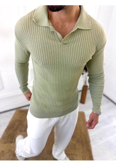 Elku Moda Kazak Slim Fit Polo Yaka Fitilli Yumuşak Dokulu Tüylenmez Sweatshirt Yeşil