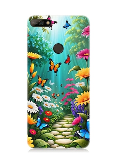 Huawei Y7 2018 Uyumlu Çiçekler Ve Kelebekler Desenli Silikon Kılıf