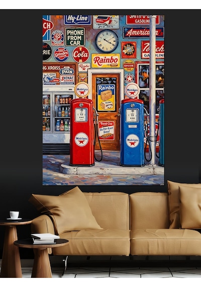 Ahşap Tablo Retro Benzin İstasyonu Pompası