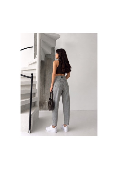 Kene Jeans Gri Kar Paça Kesik Taşlı Mom Denim Pantolon Gri Kar