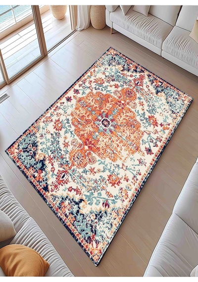Vintage Desen Turuncu Mavi Renk Modern Halı Dekoratif Kilim Turuncu