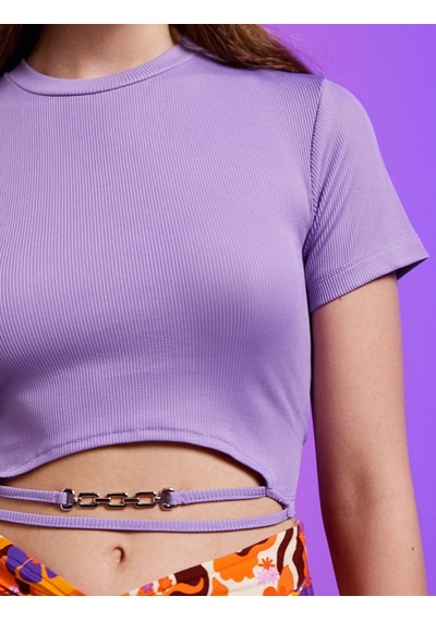 Koton Crop Tişört Zincir Detaylı Bisiklet Yaka Lila 2sal10738ık Lila