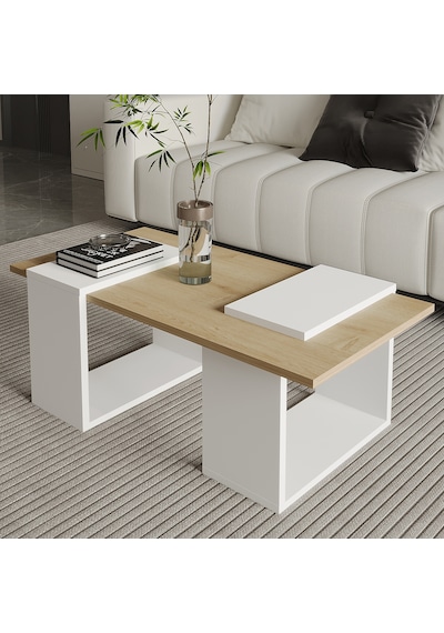 Matris Modern Orta Sehpa Geometrik Tasarım Ve Şık Detaylar Beyaz/safir Meşe