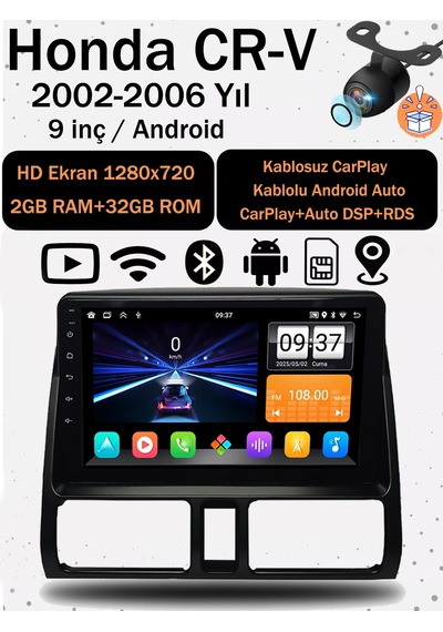 Honda Cr-v 2002-2006 Android Multimedya Ekran 9 İnç 2gb Ram 32gb Hafıza Carplay Android Auto Navigasyon 9"