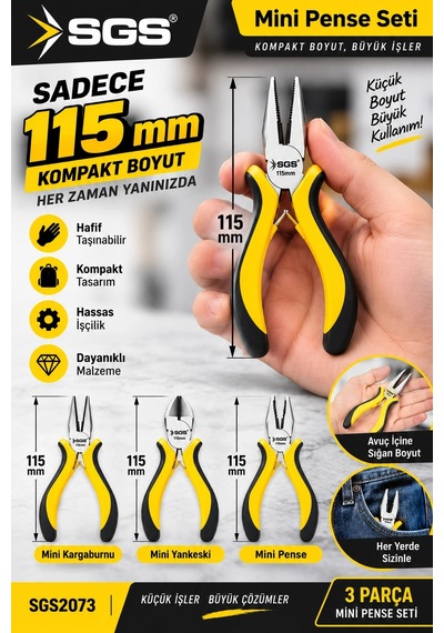 Mini Pense Seti 3 Lü 115 Mm Kargaburnu, Yankeski Ve Kombine Pense Profesyonel El Aleti Seti Sgs 20