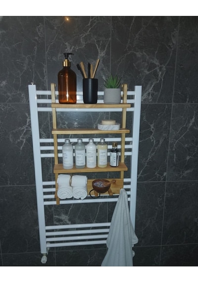 Doğal Ahşap Banyo Rafı Ve Havluluk - Dekoratif Düzenleyici 50x30 Cm Bej