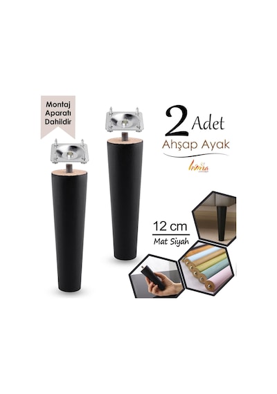 2 Adet Ahşap Ayak 12 Cm Siyah M8 Civatalı Bağlantı Aparatlı Dolap Mobilya Koltuk Kanepe Destek Ayağı Ayakları Siyah