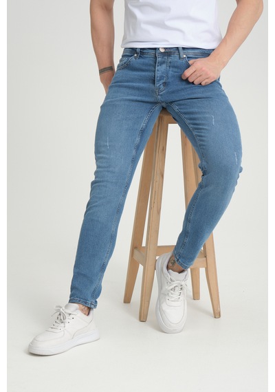 Erkek Skinny Fit Orta Mavi Destroy Skinny Fit Pantolon Orta Mavi