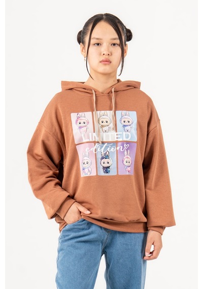 Kız Çocuk Labubu Baskılı 3 İplik Kışlık Şardonsuz Sweatshirt 4540 Kahve