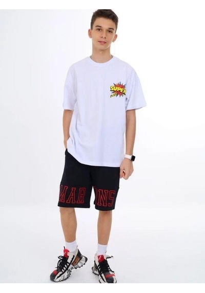 Marions Erkek Çocuk Geniş Kesim Sırtı Baskıllı Bisiklet Yaka T-shirt-13728-beyaz Beyaz