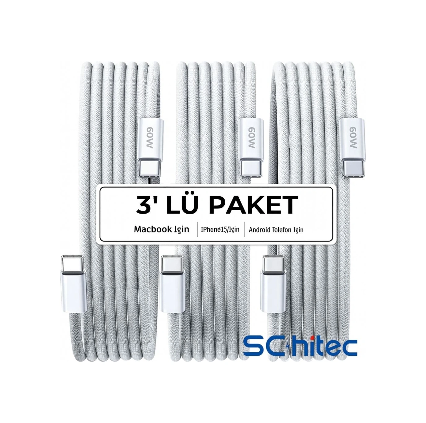 Schitec 3 Paket 6a 60w Type-c To Type-c Örgülü Hızlı Data Ve Şarj Kablosu 1 Metre K291