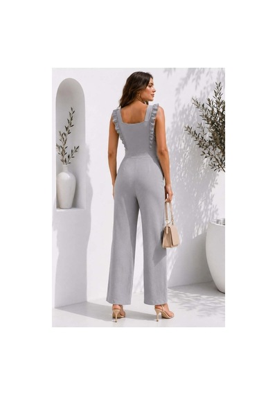 DefyModa Kadın Tasarım Tül Kumaş Kare Yaka Kuşaklı Tulum Gri