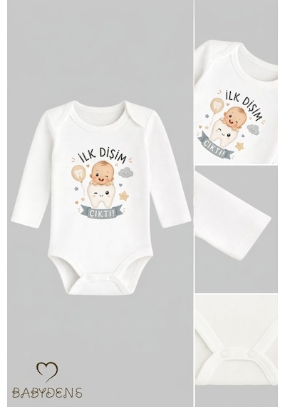 Babyden's İlk Dişim Çıktı Baskılı Uzun Kol Bebek Body %100 Pamuk Unisex Diş Buğdayı Konsept Çıtçıtlı Zıbın Beyaz