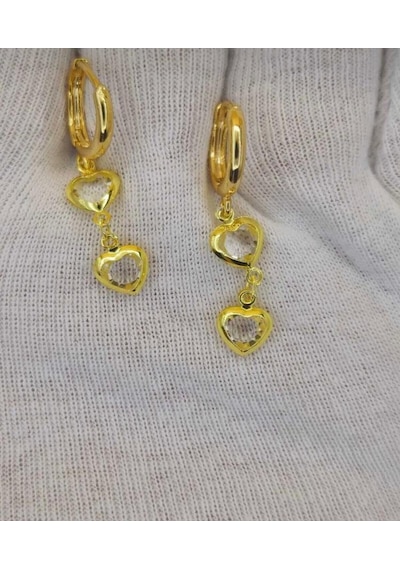 Çelik Gold Renk Kalpli Sallantılı Minimal Özel Tasarım Küpe Beyaz