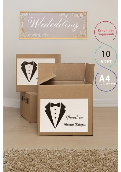İsme Özel Damat Bohçası Etiketi - 10'lu A4 Paket - Kendinden Yapışkanlı Çeyiz Kolisi Sticker Diğer