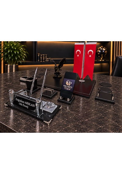 Ofis Prestij 13 Parça Kristal Kişiye Özel Masa İsimliği Seti Ve Kartal Figürü Siyah