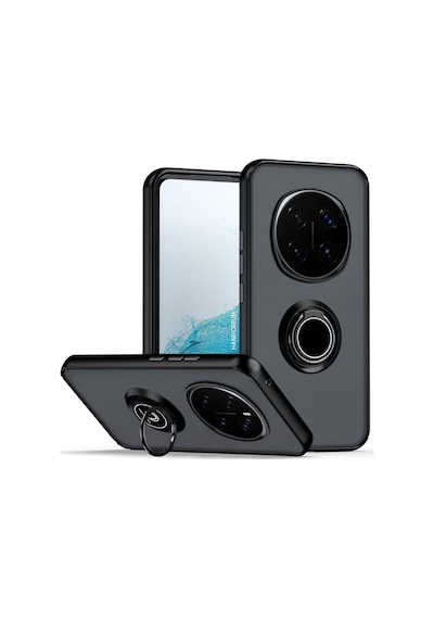 Honor Magic 7 Pro Uyumlu Kılıf Yüzüklü Standlı Extra Darbe Koruma Sert Silikon Kapak - Siyah Siyah