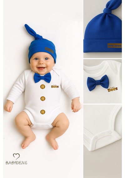 Babyden's Mini Boss Papyonlu Erkek Bebek Body Seti Şapkalı Yenidoğan Bebek Body-zıbın Takım Saks Mavi