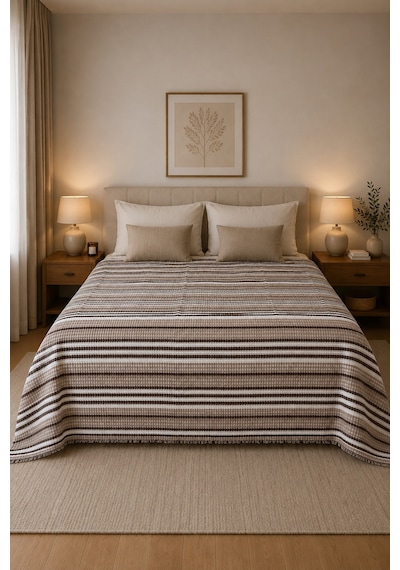 Çift Kişilik Pamuklu Pike 215x240 Cm Püsküllü Dokuma Yatak Örtüsü Geometrik Desen Bej