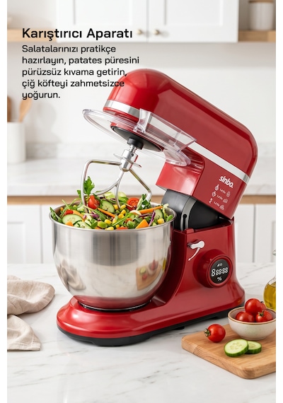 Smx-2773 / Kırmızı / Dijital Ekranlı Zaman Ayarlı Stand Mikser / 7.5 Litre / 1500w
