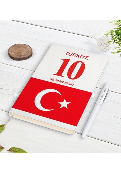 Kişiye Özel Türk Bayraklı Isimli Forma Numaralı Beyaz Defter Kale