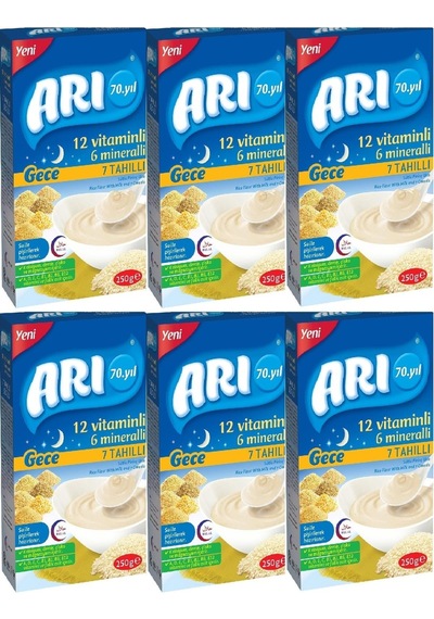Arı Mama Arı 12 Vitaminli 6 Minarelli Sütlü 7 Tahıllı Pirinç Unu Gece 250 G X 6 Adet