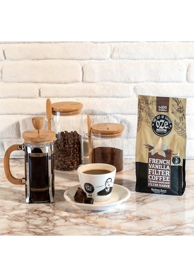 Oze Aromalı Filtre Kahve Tanışma Seti Irish Cream 250 G + All Day Blend 250 G + Vanilya 250 G French Press