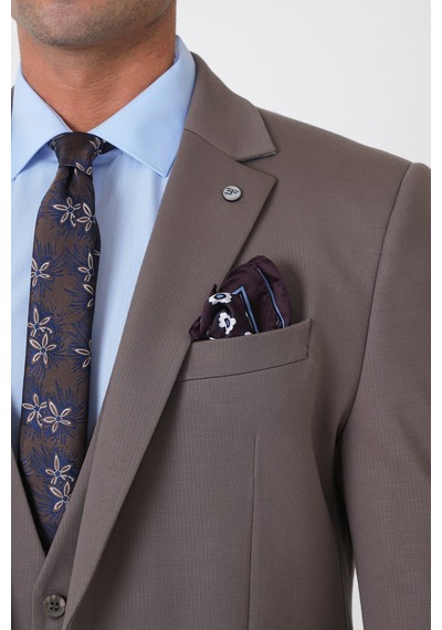 Efor Slim Fit Esnek Pamuklu Dokulu Vizon Yelekli Takım Elbise Tk 959
