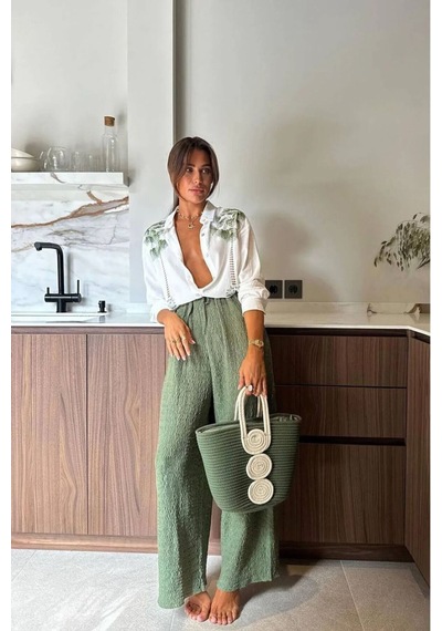 Wellway Agaçkabugu Pantalon Keten Nakış Detaylı Gömlek İkili Takım-yeşil-2514 Yeşil