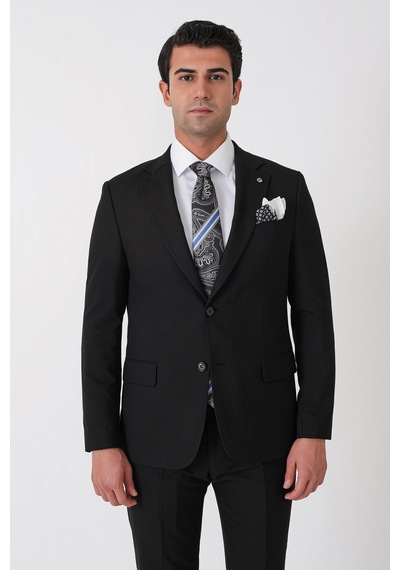 Efor Slim Fit Çift Yırtmaç Esnek Yünlü Düz Siyah Takım Elbise Tk 948