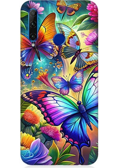 Huawei Honor 20 Lite Uyumlu Çiçekler Arasında Kelebekler Desenli Silikon Kılıf Çok Renkli