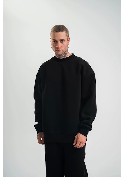 Uzun Kol Bisiklet Yaka Basic Sweatshirt - Siyah Siyah