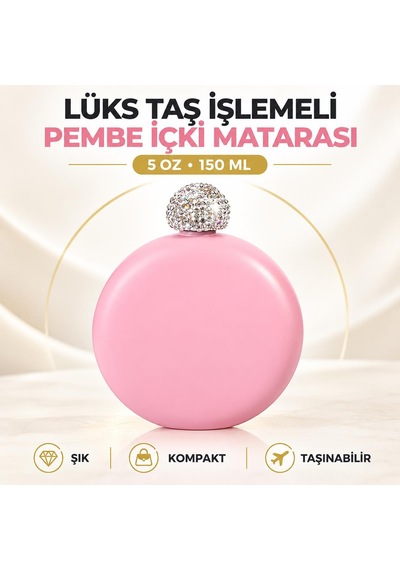 Lüks Taş İşlemeli Renkli Paslanmaz Çelik İçki Matarası 5 Oz 150 Ml. Cep Çanta Kamp Outdoor Hediyelik Pembe