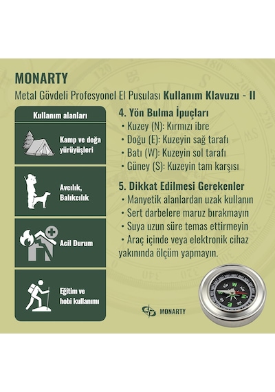 Pusula - Metal Gövdeli Profesyonel 60mm Taşınabilir El Pusulası Dayanıklı Çelik Kasa, Yuvarla