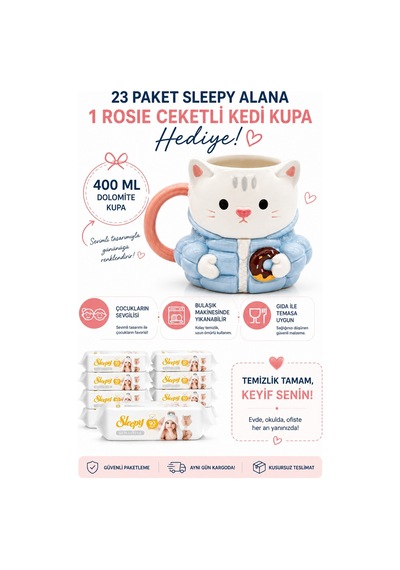 Sleepy Sensitive Islak Mendil 90'lı x 23 Paket + Rosie Ceketli Kedi Kupa Tekli