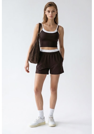 Mixray 2151 Kadın Biye Detaylı Askılı Crop Top Şort Takım Kahve