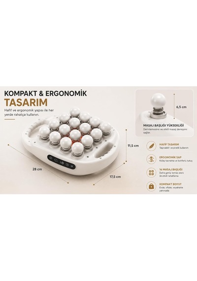 16 Başlıklı Isıtmalı Masaj Aleti, 9 Seviye 9 Masaj Modu, Sıcak Kompres Fonksiyonlu, Type-c Şarjlı, Dijital Ekranlı, Çift Tutma Kollu Tüm Vücut Masaj Cihazı, 15w, Beyaz