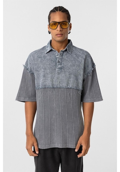 Vamos Yıkamalı Triko Oversize Polo Yaka Tişört V70-53 Gri