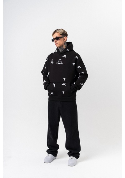 Respire Erkek Far From Basic Baskılı Kapüşonlu Oversize Hoodie Siyah