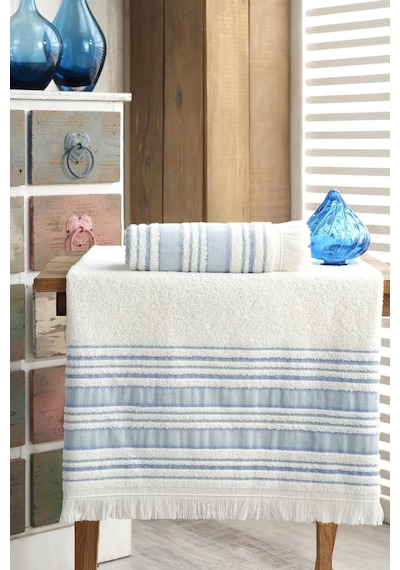 Louis Marie Saçak Detaylı Pamuklu Banyo Havlu Seti 2'li Mavi 50 x 90 + 70 x 140 CM Mavi