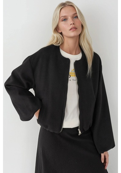 Hiccup Fermuarlı Oversize Kaşe Bomber Ceket Siyah