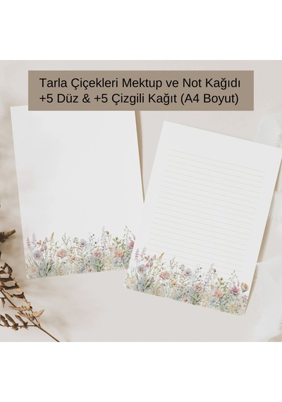 Tarla Çiçekleri Mektup Not Kağıdı, +5 Düz Kağıt +5 Çizgili Kağıt A4 Boyut