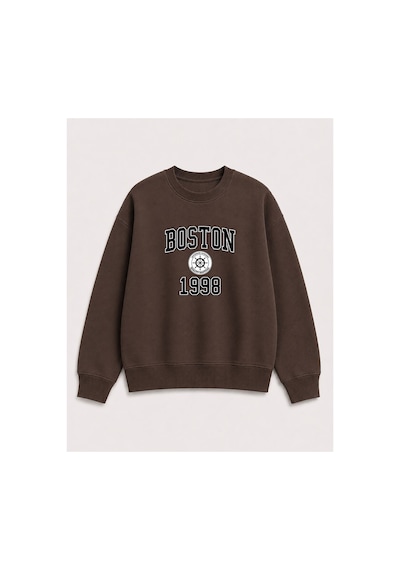 Herkesemoda Boston Baskı Detaylı Bisiklet Yaka Şardonlu 2 İplik Sweatshirt Kahverengi