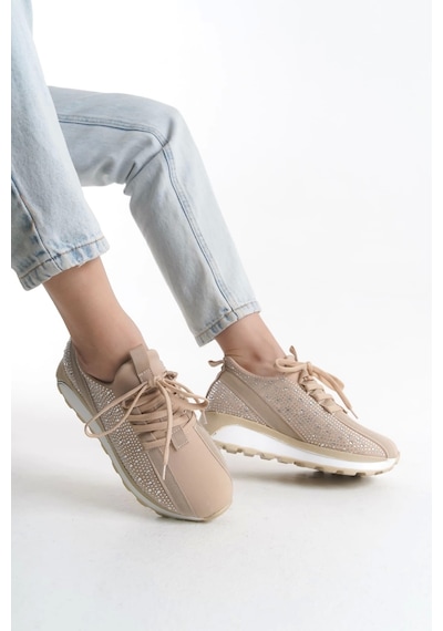 Alya Bağcıklı Ortopedik Taban Taşlı Kadın Sneaker Spor Ayakkabı Bt - Krem Krem