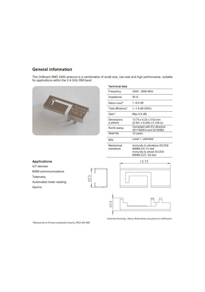 Pro-Ob-440 2.4Ghz 4,9Dbi Rf Smd Anten 2400Mhz Bluetooth